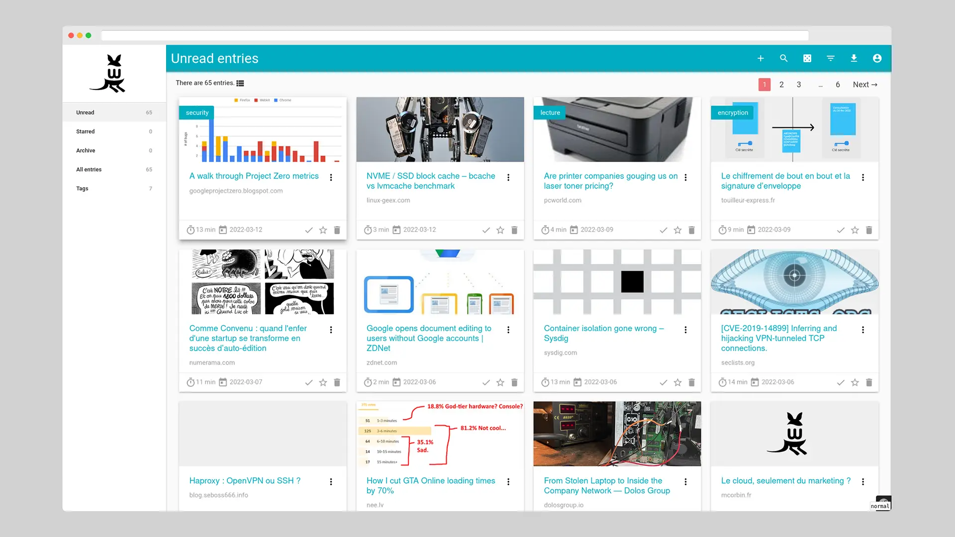 Interface de Wallabag sur navigateur avec affichage des articles non lus sous forme de cartes
