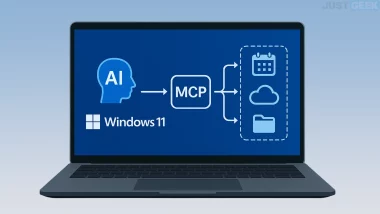 Illustration de l’intégration du protocole MCP dans Windows 11 pour connecter l’IA à des services comme le calendrier, le cloud et les fichiers.