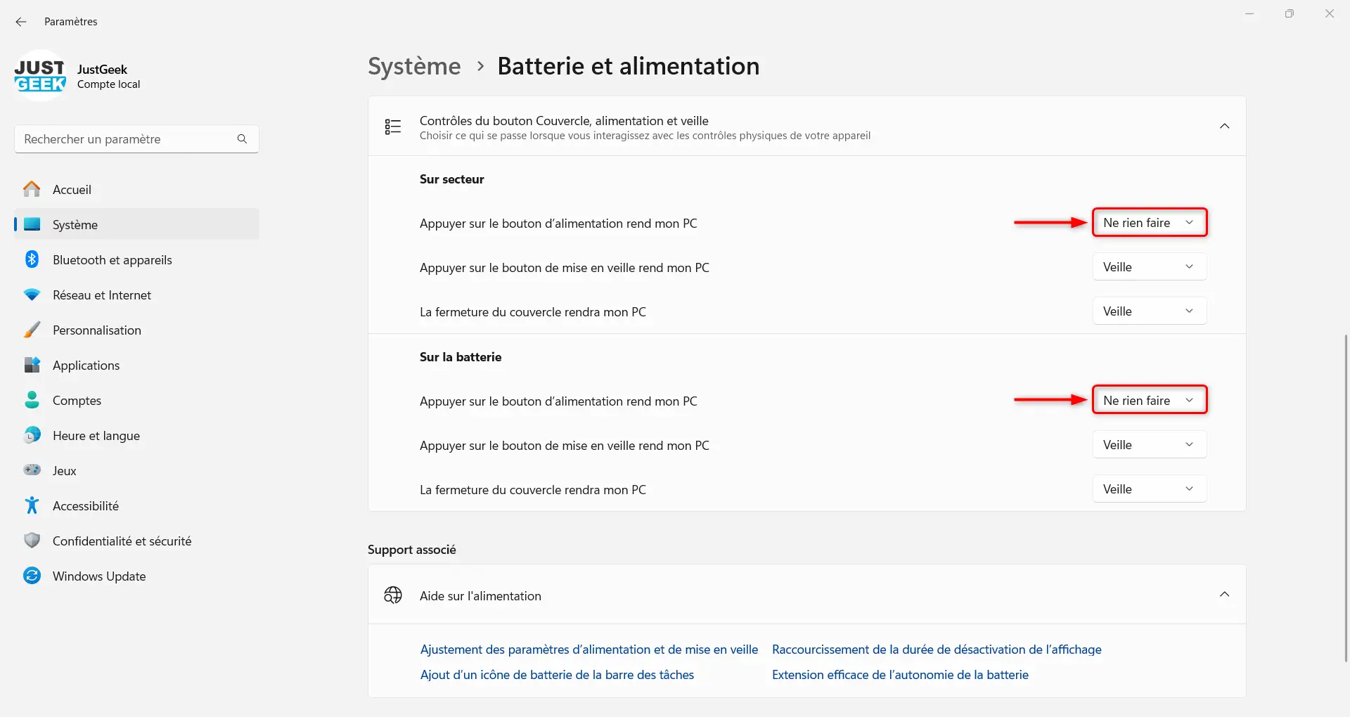 Capture d’écran des paramètres Windows 11 montrant comment désactiver l’action du bouton d’alimentation en sélectionnant « Ne rien faire » sur secteur et sur batterie.