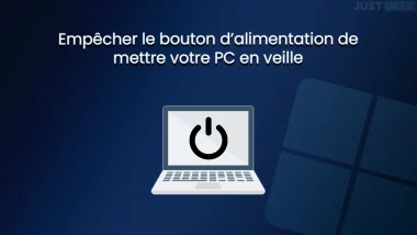 Illustration Windows 11 avec un ordinateur portable et un symbole d’alimentation pour représenter la désactivation de la mise en veille automatique.