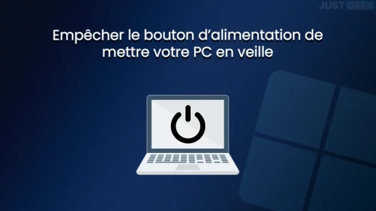 Illustration Windows 11 avec un ordinateur portable et un symbole d’alimentation pour représenter la désactivation de la mise en veille automatique.