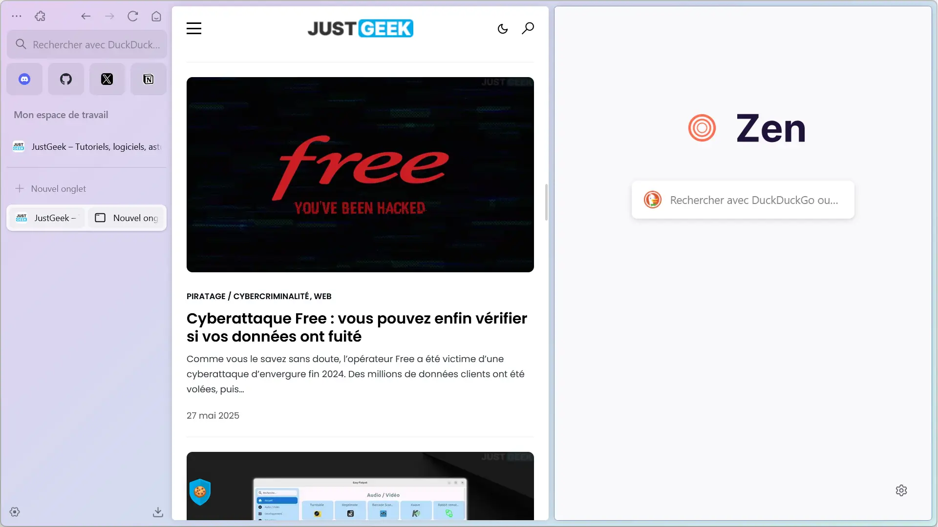 Mode d’affichage partagé avec un site JustGeek à gauche et l’accueil de Zen à droite