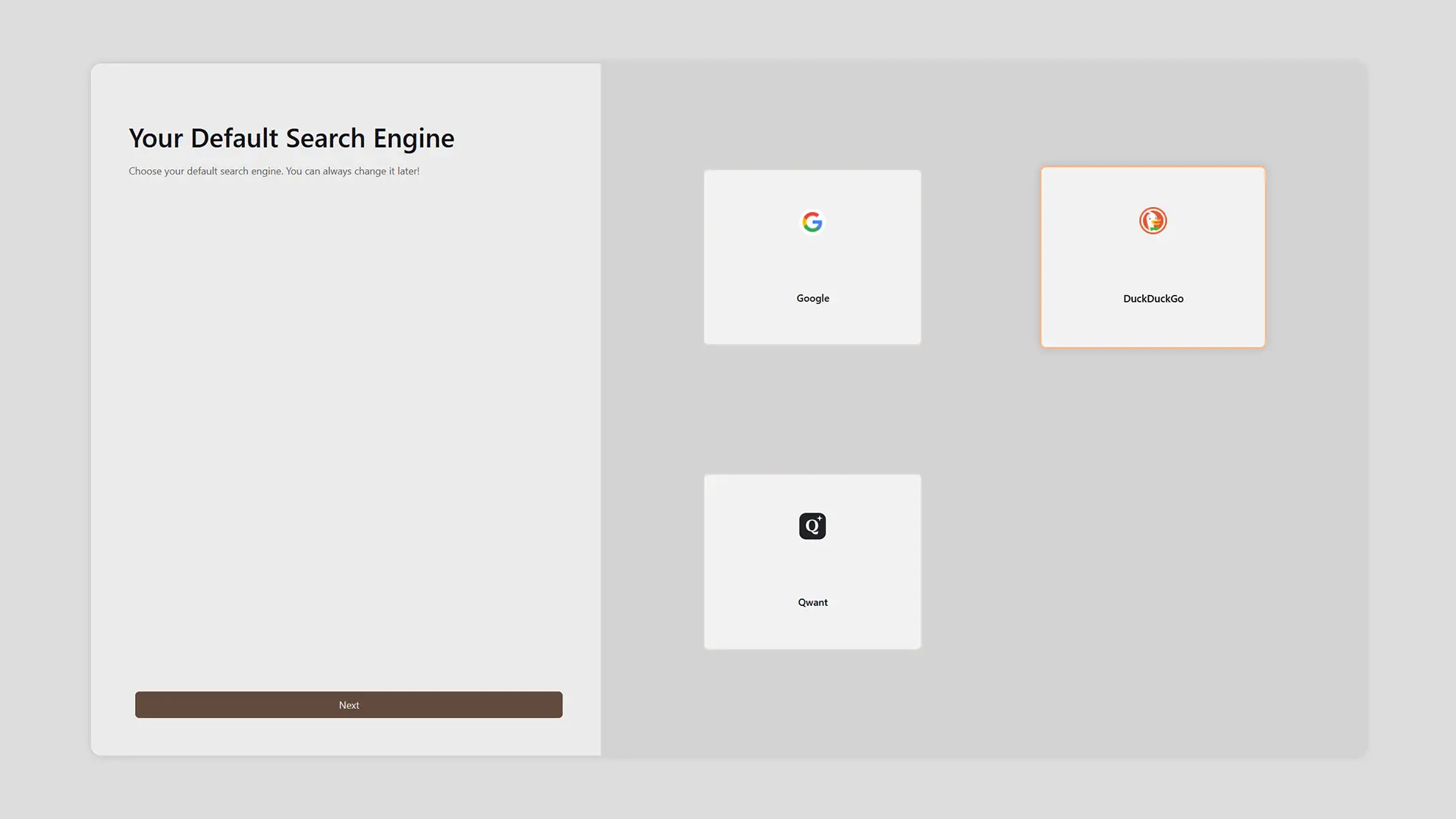 Écran de sélection du moteur de recherche par défaut : Google, DuckDuckGo ou Qwant