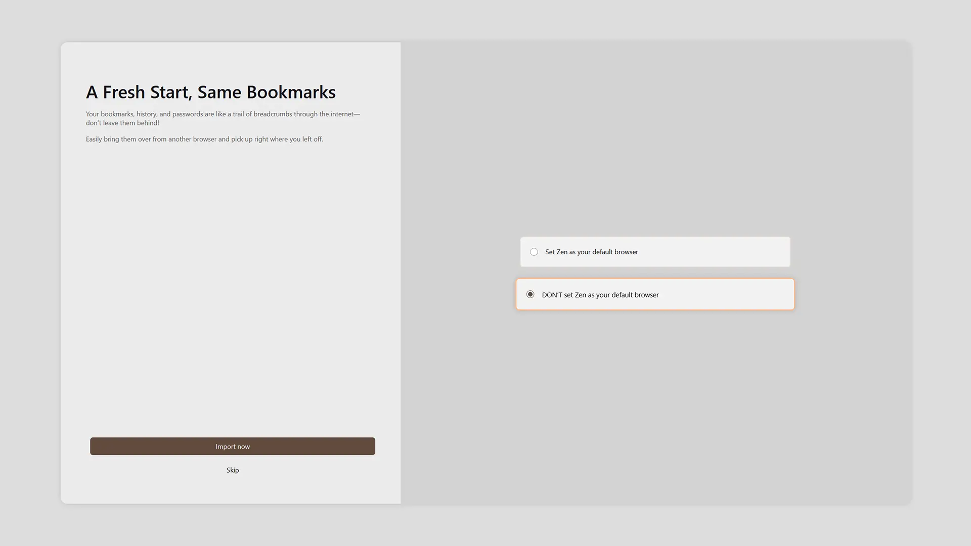 Interface d’importation des marque-pages et paramètres lors du premier lancement
