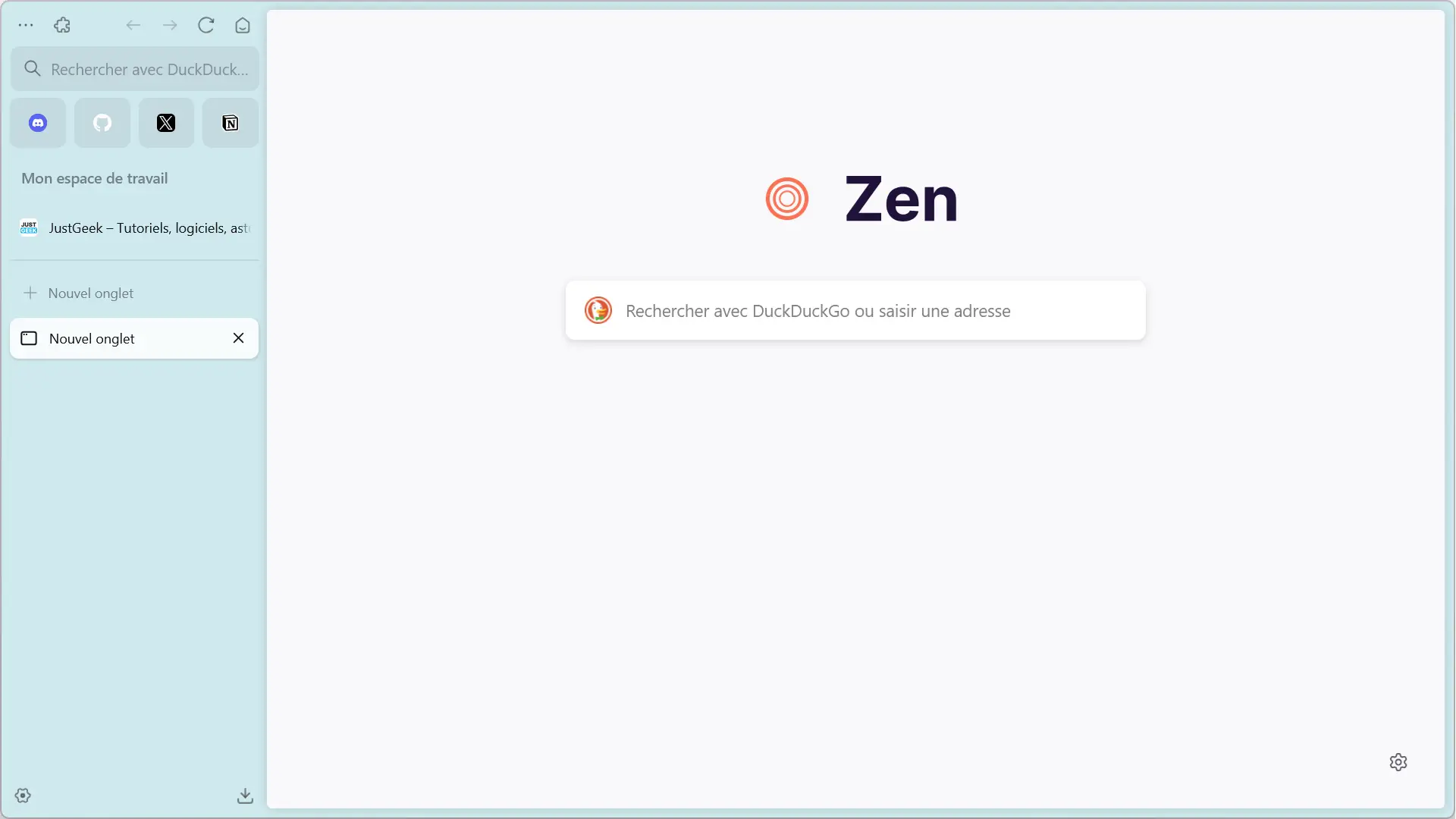 Page d’accueil de Zen Browser avec champ de recherche centré et barre latérale