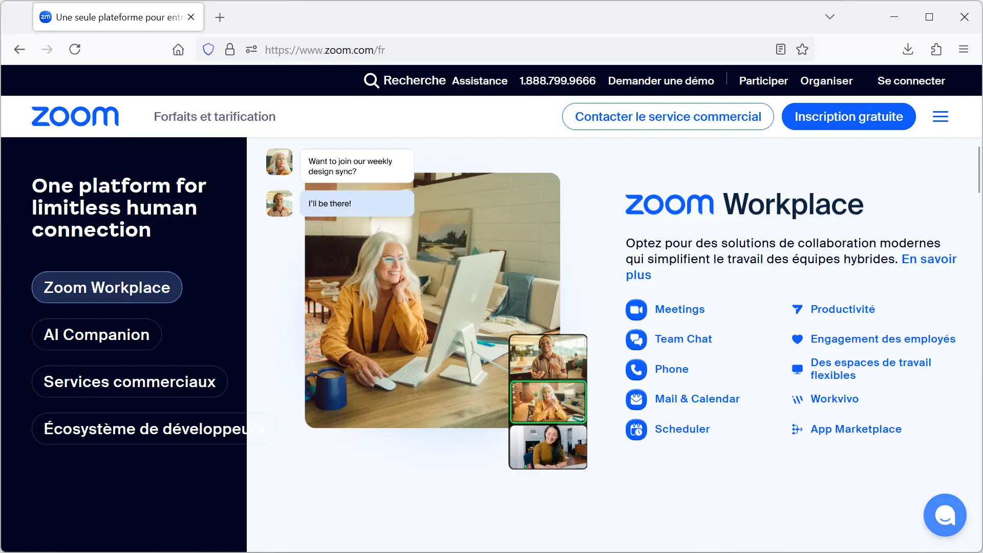 Page d’accueil du site officiel de Zoom avec aperçu de Zoom Workplace