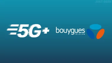 Logo de la 5G+ et de Bouygues Telecom sur fond bleu