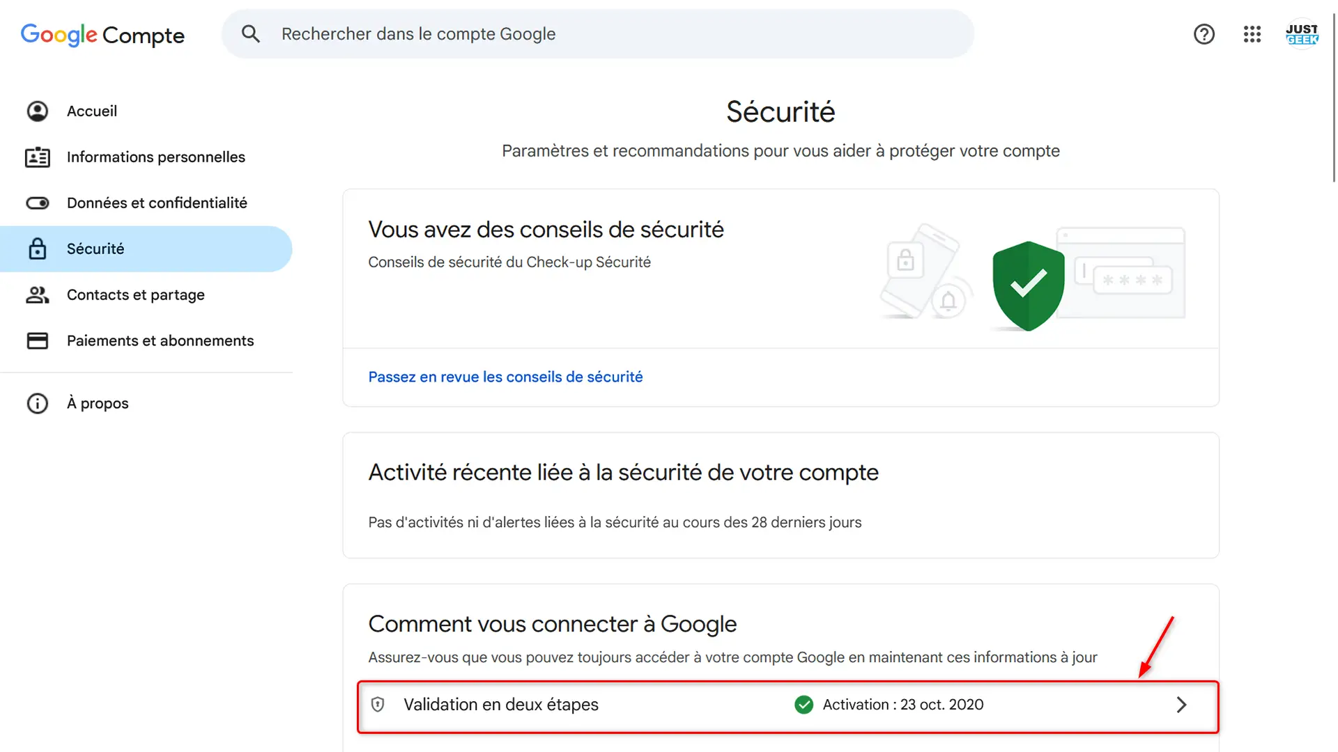 Capture d’écran des paramètres de sécurité du compte Google avec la double authentification activée