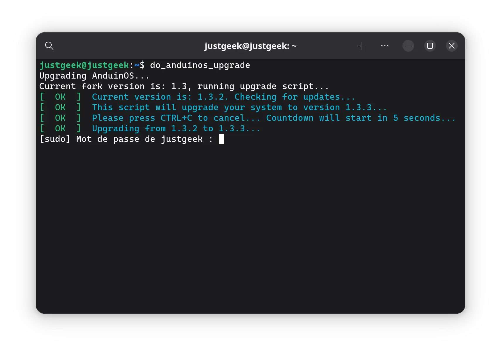 Terminal affichant la mise à jour d’AnduinOS de la version 1.3.2 vers 1.3.3 via le script do_anduinos_upgrade