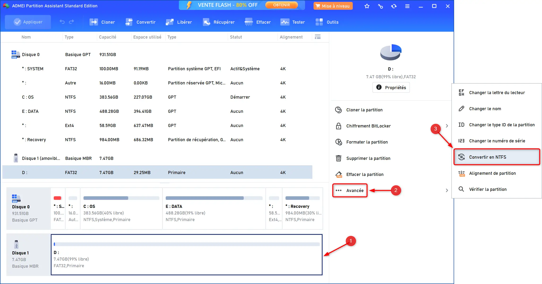 Sélection de la partition FAT32 à convertir en NTFS dans AOMEI Partition Assistant