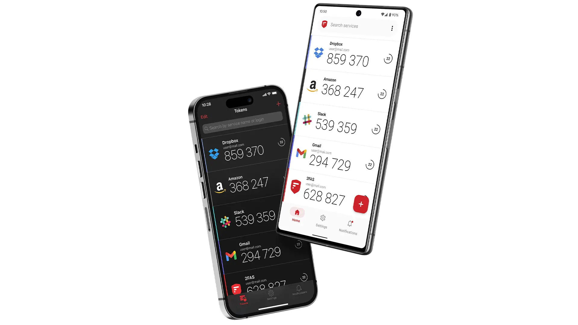 Interface de l’application 2FAS montrant les codes de double authentification sur Android et iOS