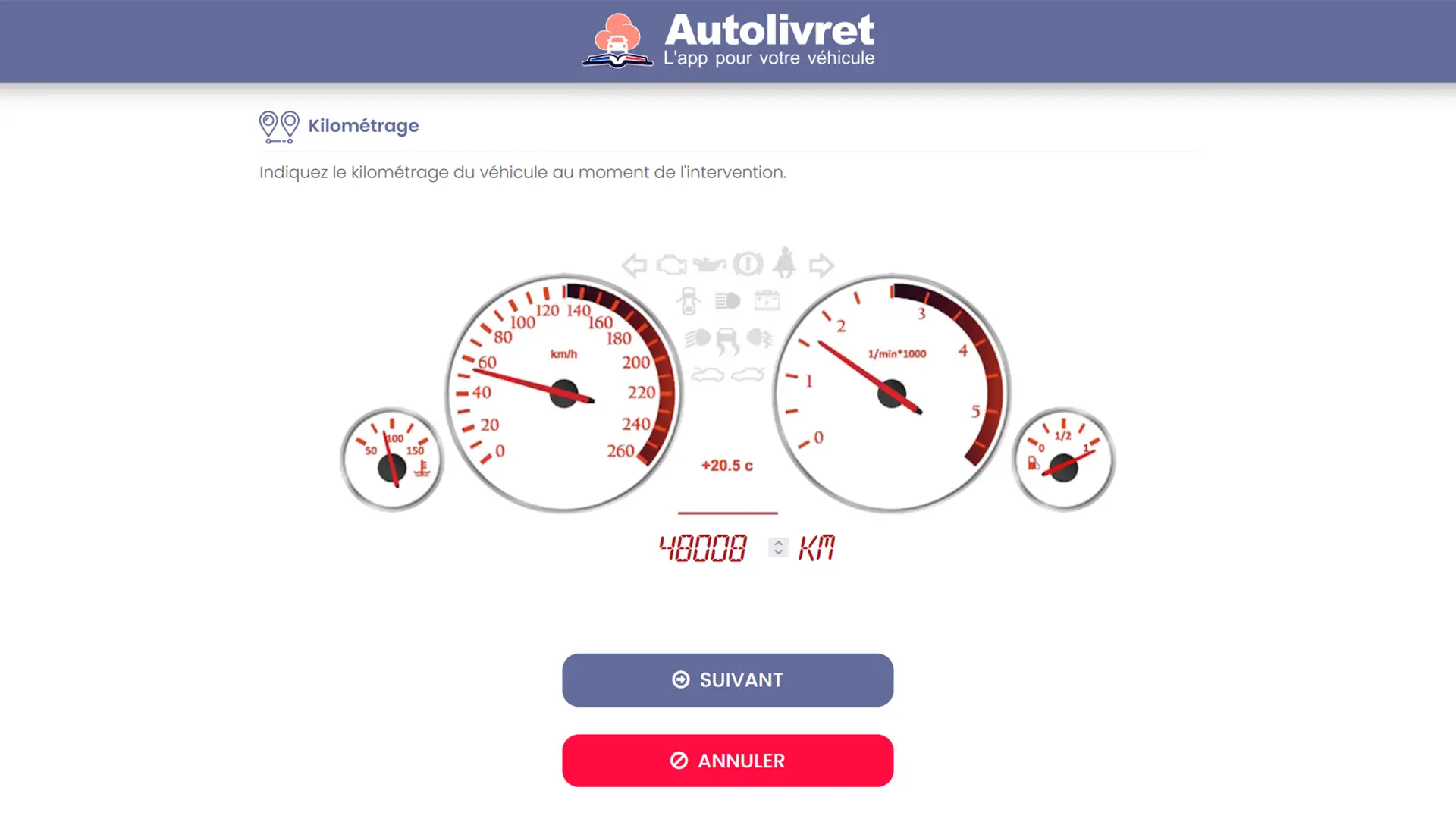 Entrée du kilométrage actuel au moment de l’intervention