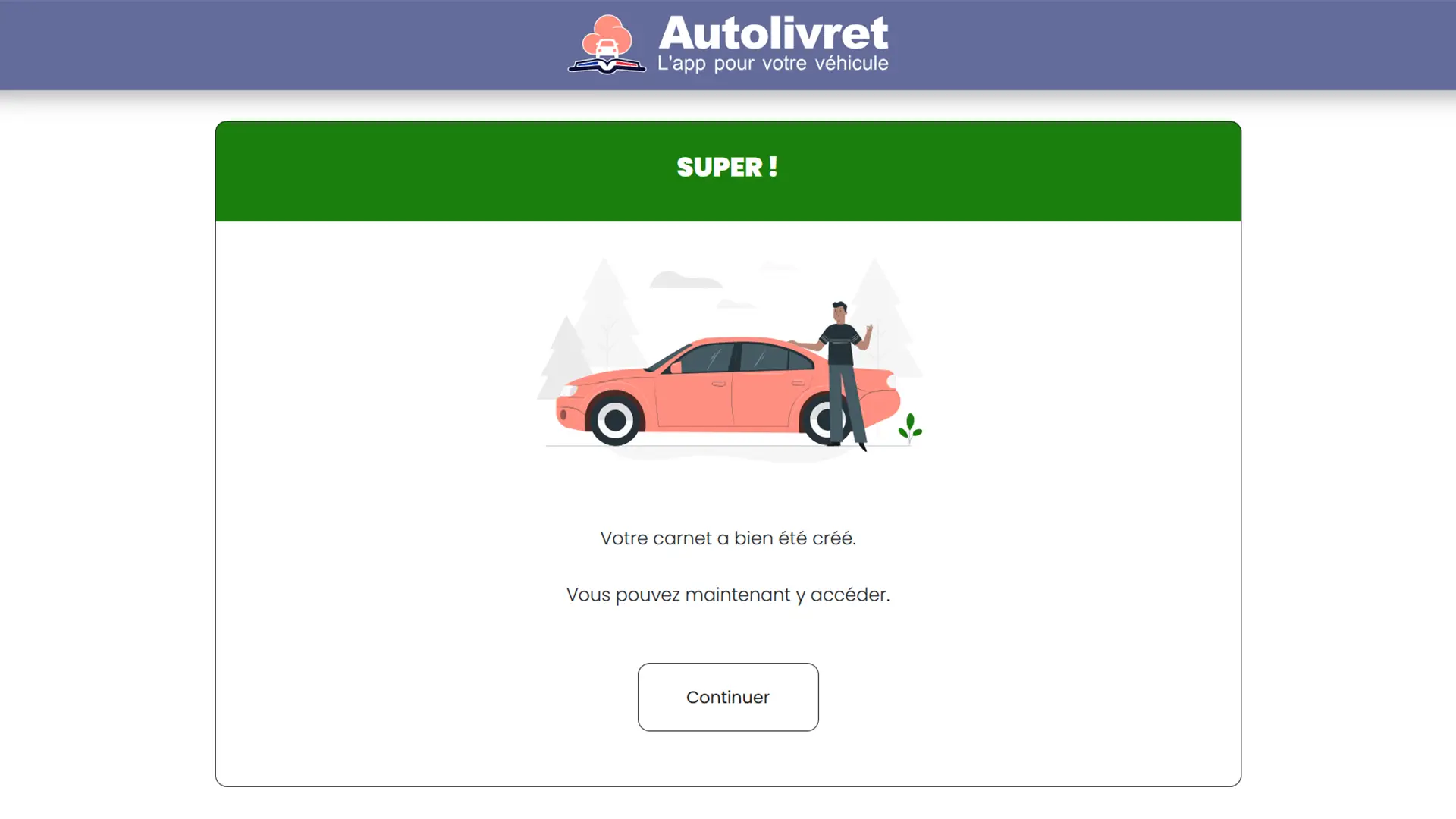 Message de confirmation après la création d’un carnet d’entretien sur Autolivret.