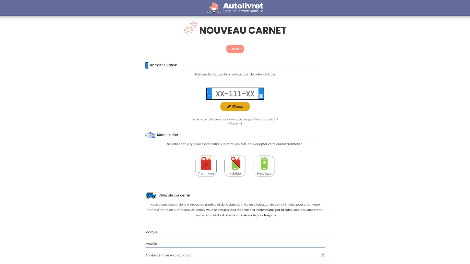 Formulaire de création d’un nouveau carnet d’entretien dans Autolivret.