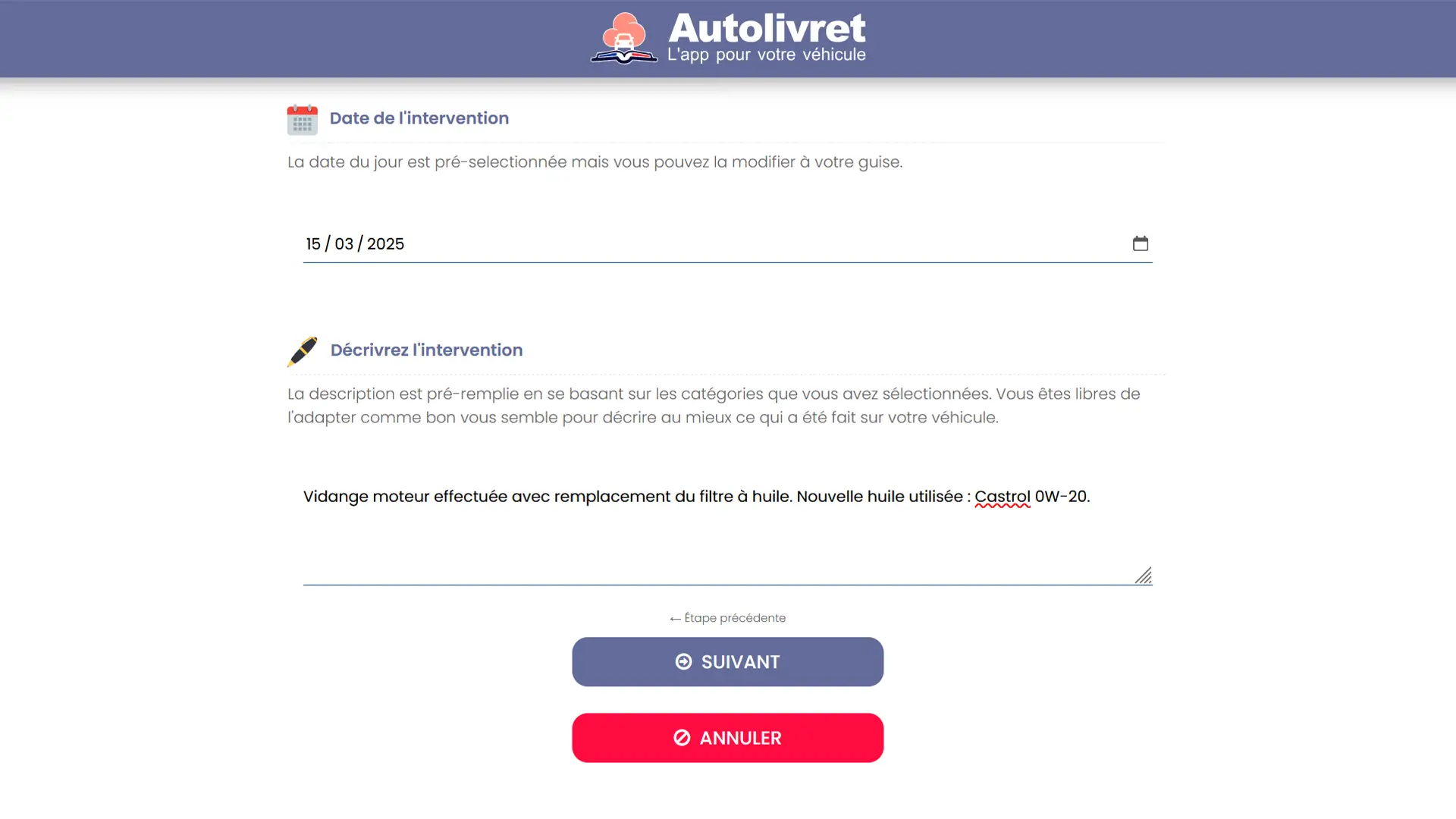 Formulaire de description de l’intervention avec champ libre