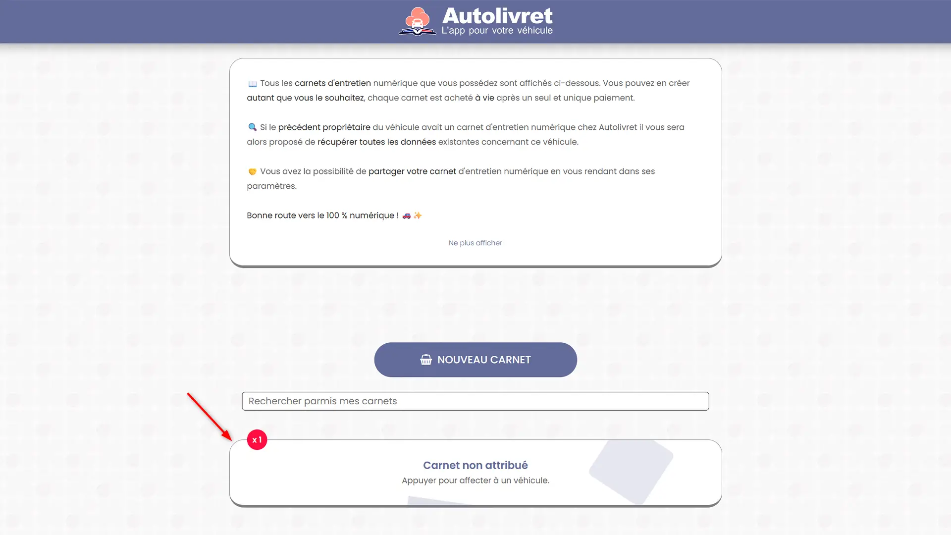 Interface principale d’Autolivret affichant les carnets d’entretien disponibles.