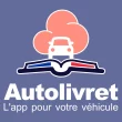 Logo de l’application Autolivret avec une voiture blanche sur fond de nuage rose et un carnet tricolore