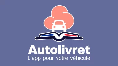 Logo de l’application Autolivret avec une voiture blanche sur fond de nuage rose et un carnet tricolore