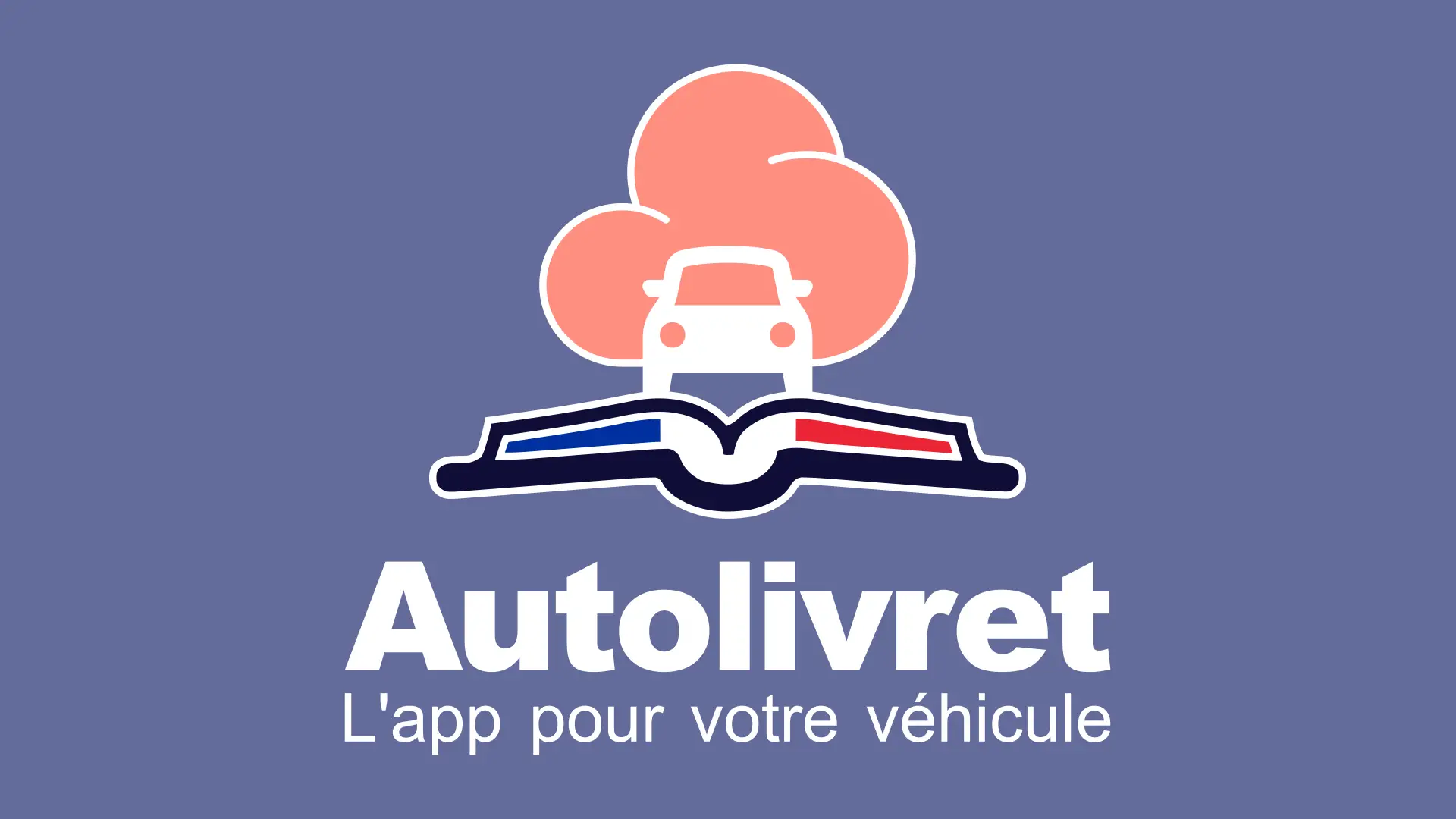 Logo de l’application Autolivret avec une voiture blanche sur fond de nuage rose et un carnet tricolore