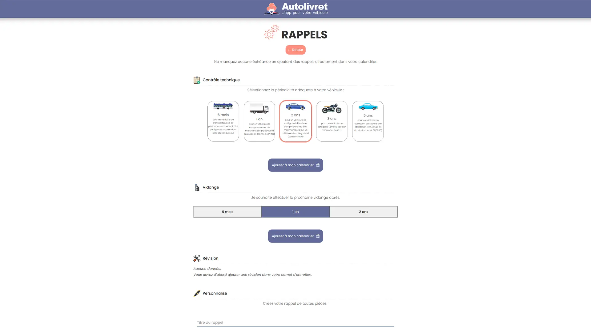 Configuration des rappels périodiques : vidange, contrôle technique, etc.