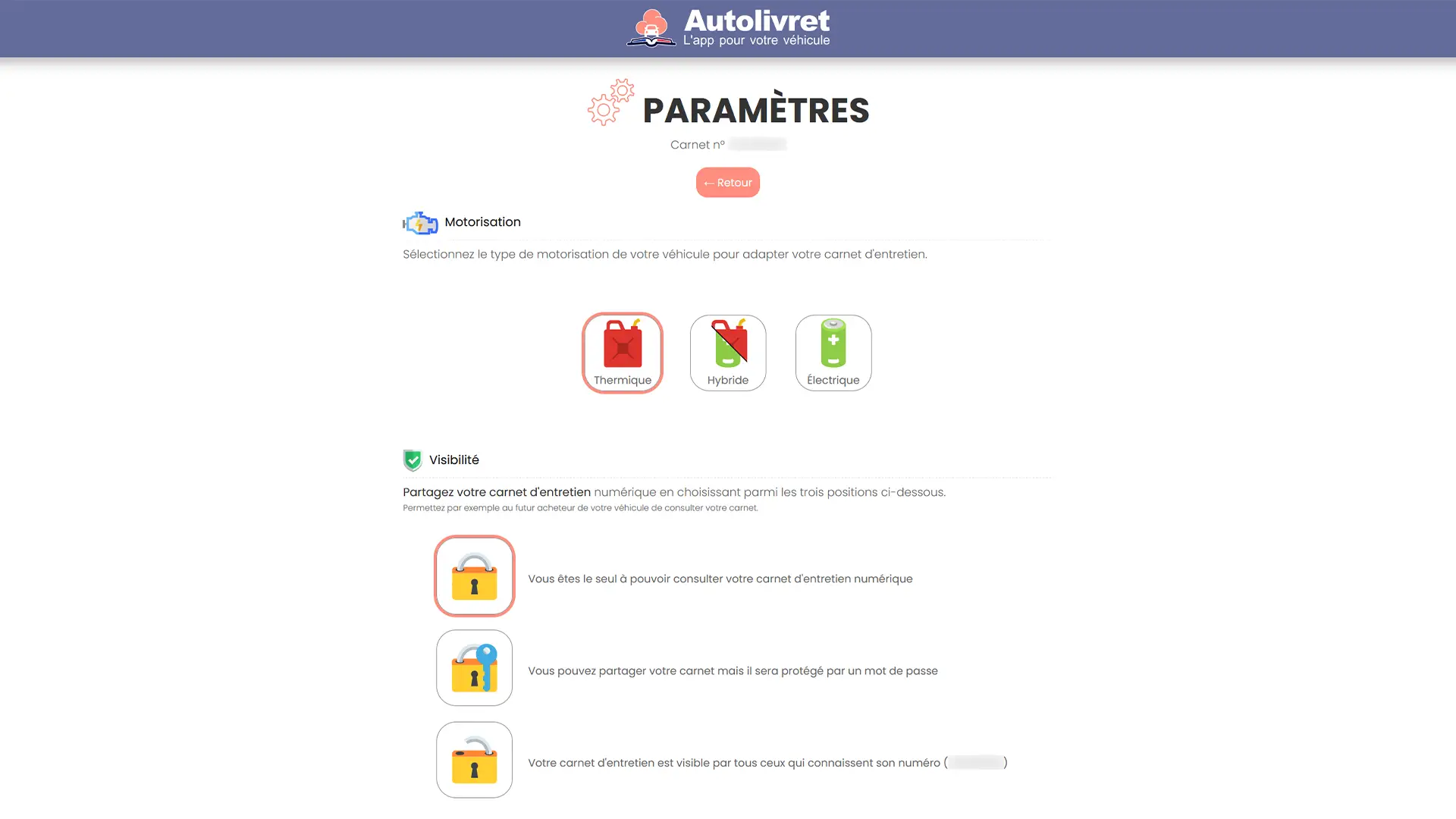 Réglages de visibilité du carnet : privé, protégé par mot de passe ou public