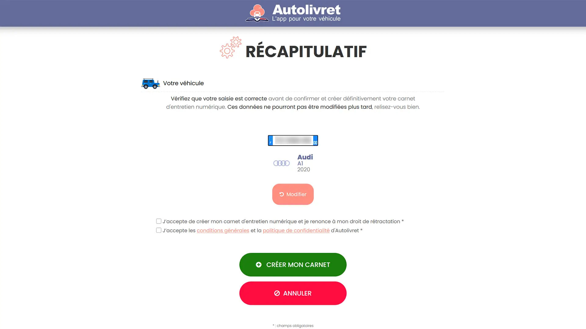 Écran de récapitulatif du véhicule avant validation du carnet d’entretien.