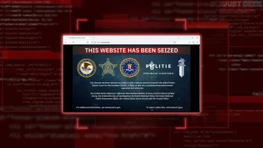 Capture d’écran du site AVCheck.net après sa saisie par les autorités dans le cadre de l’opération Endgame, avec logos du FBI, du DoJ et de la police néerlandaise