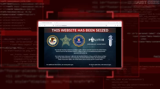 Capture d’écran du site AVCheck.net après sa saisie par les autorités dans le cadre de l’opération Endgame, avec logos du FBI, du DoJ et de la police néerlandaise