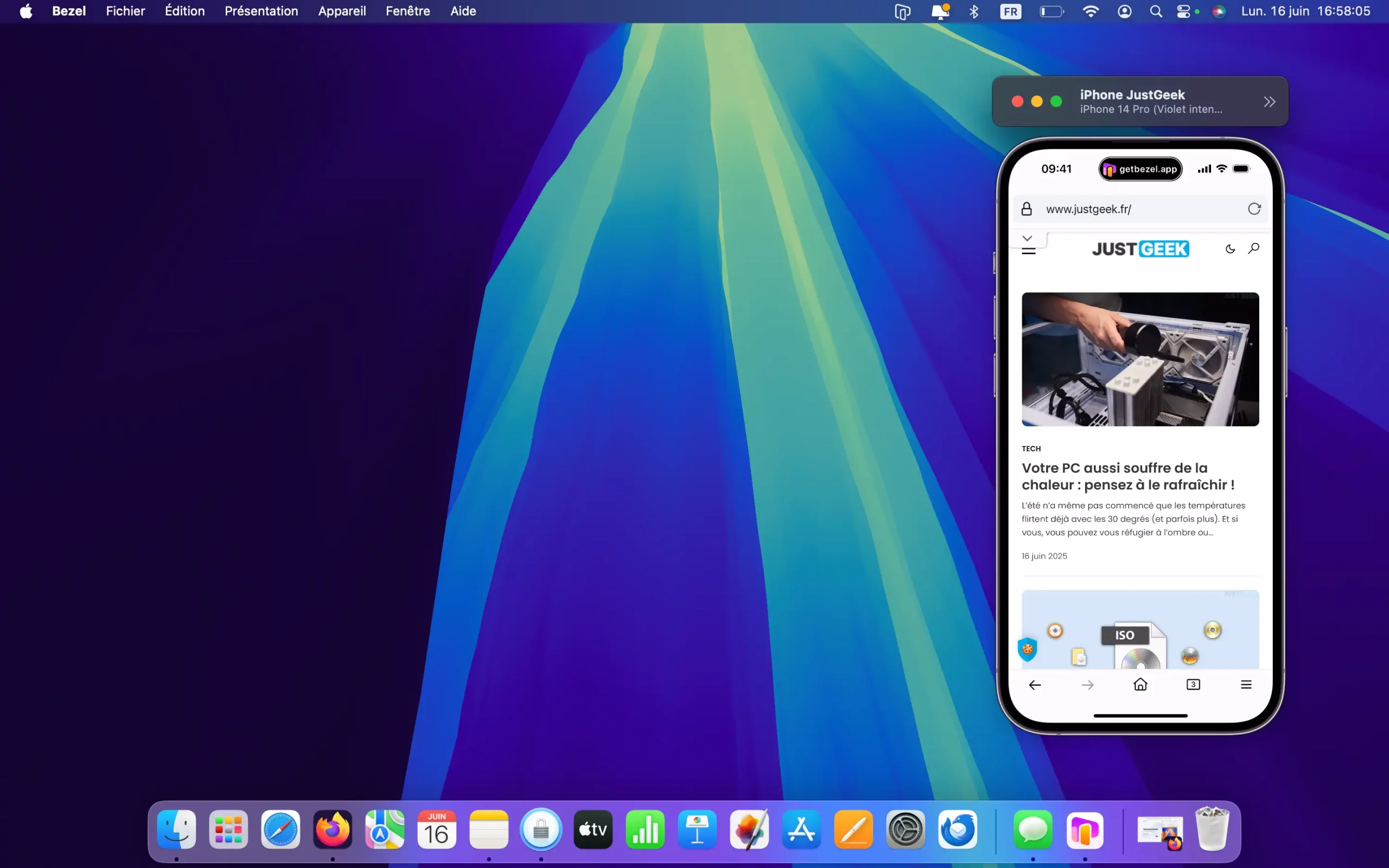 Affichage de l’écran d’un iPhone sur le bureau macOS avec l’app Bezel
