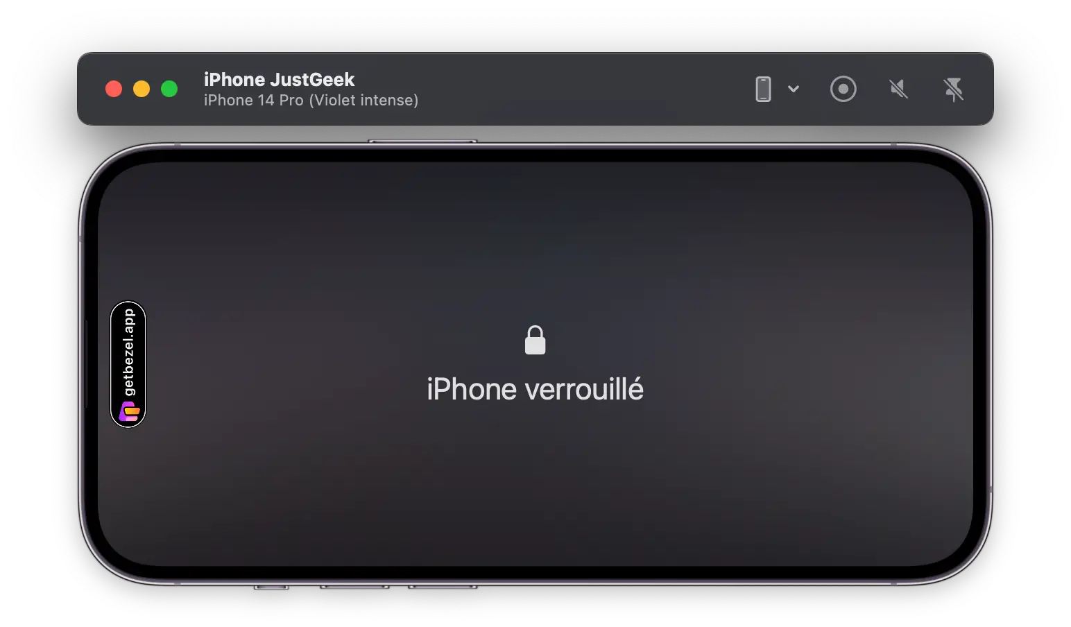 Écran verrouillé de l’iPhone affiché sur Mac avec Bezel en mode paysage