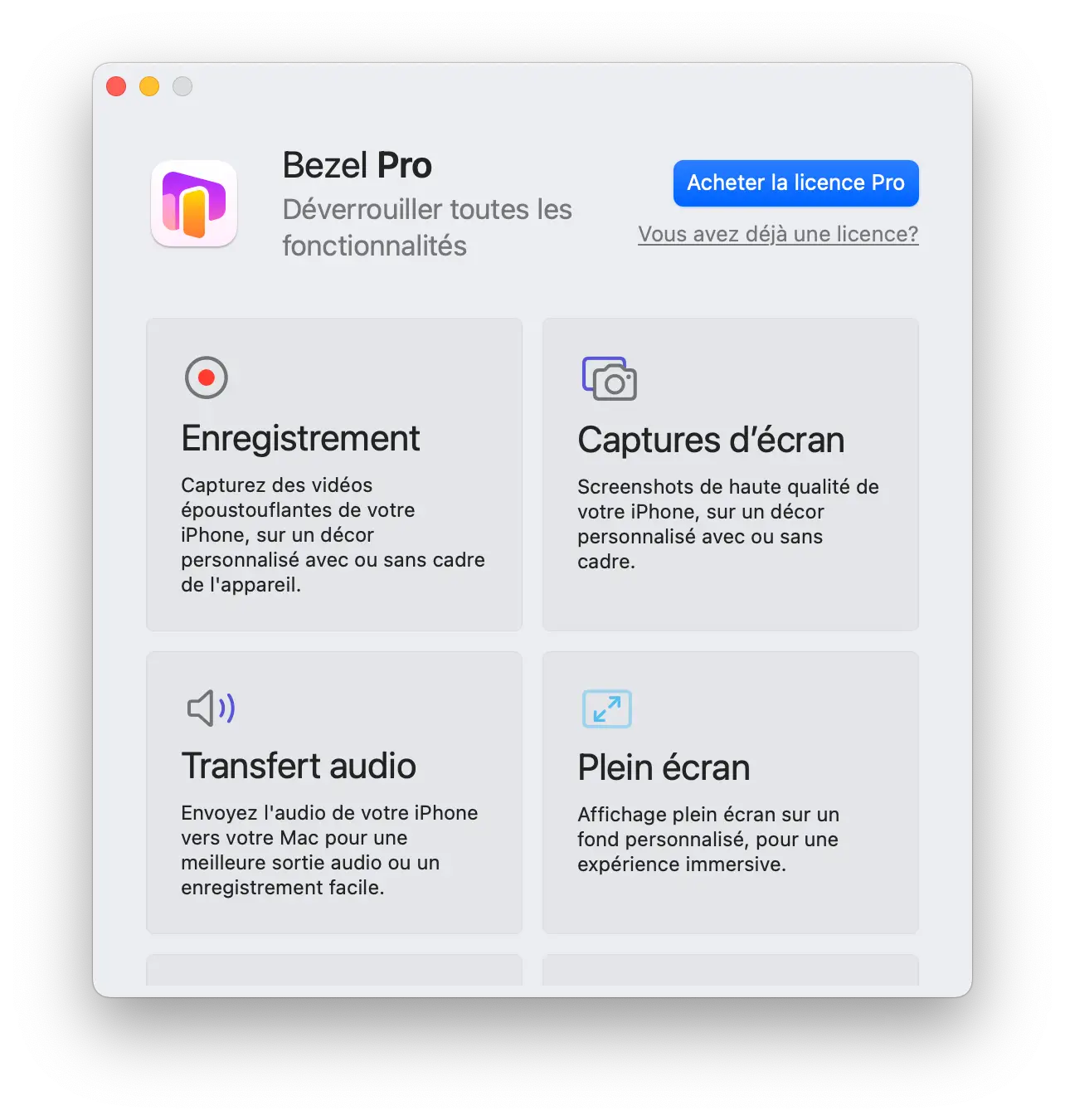 Fonctionnalités principales de Bezel Pro comme l’enregistrement vidéo et les captures d’écran