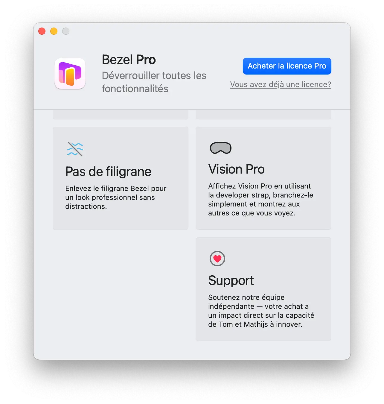 Fonctionnalités Pro de Bezel pour le fond transparent, le Vision Pro et le soutien aux développeurs