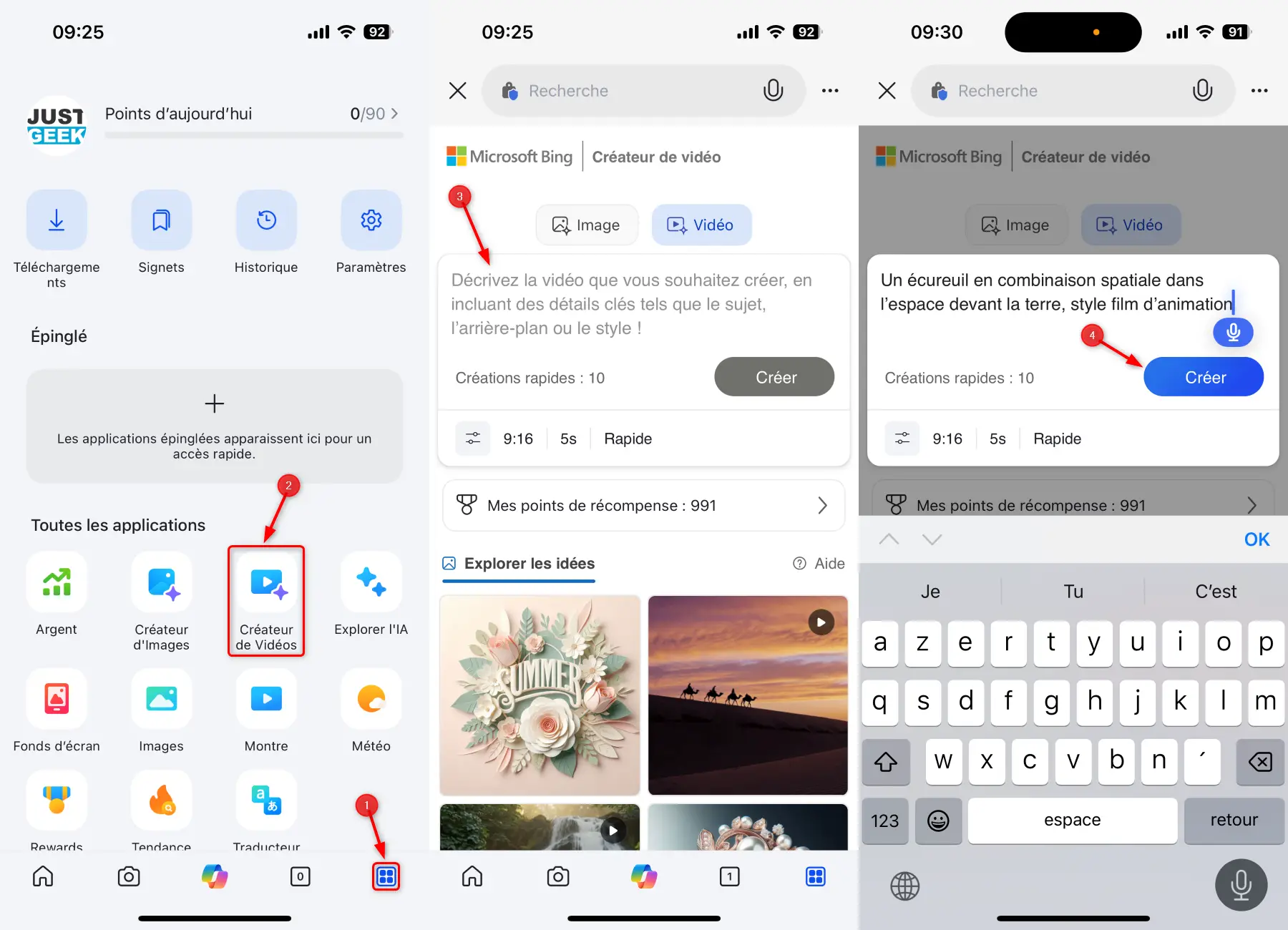 Étapes pour accéder au générateur vidéo dans l’application Bing : ouverture du menu, sélection de "Créateur de vidéos", saisie du prompt et lancement de la génération.