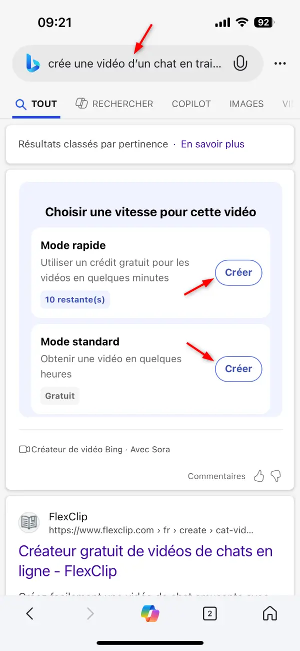 Interface Bing avec la requête "crée une vidéo d’un chat" affichant les options de génération rapide et standard dans l’application mobile.