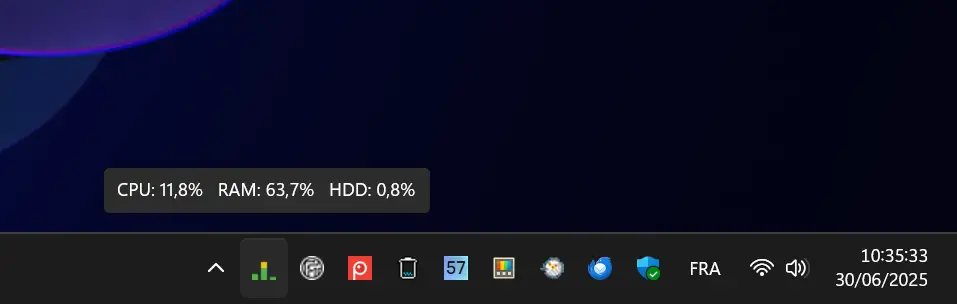 Survol de l’icône de BottleNeck dans la zone de notification, avec affichage en pourcentage du CPU, de la RAM et du disque