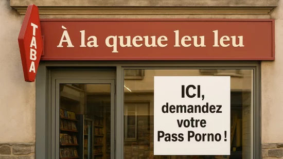 Devanture d’un bureau de tabac français avec une affiche humoristique indiquant « ICI, demandez votre Pass Porno »