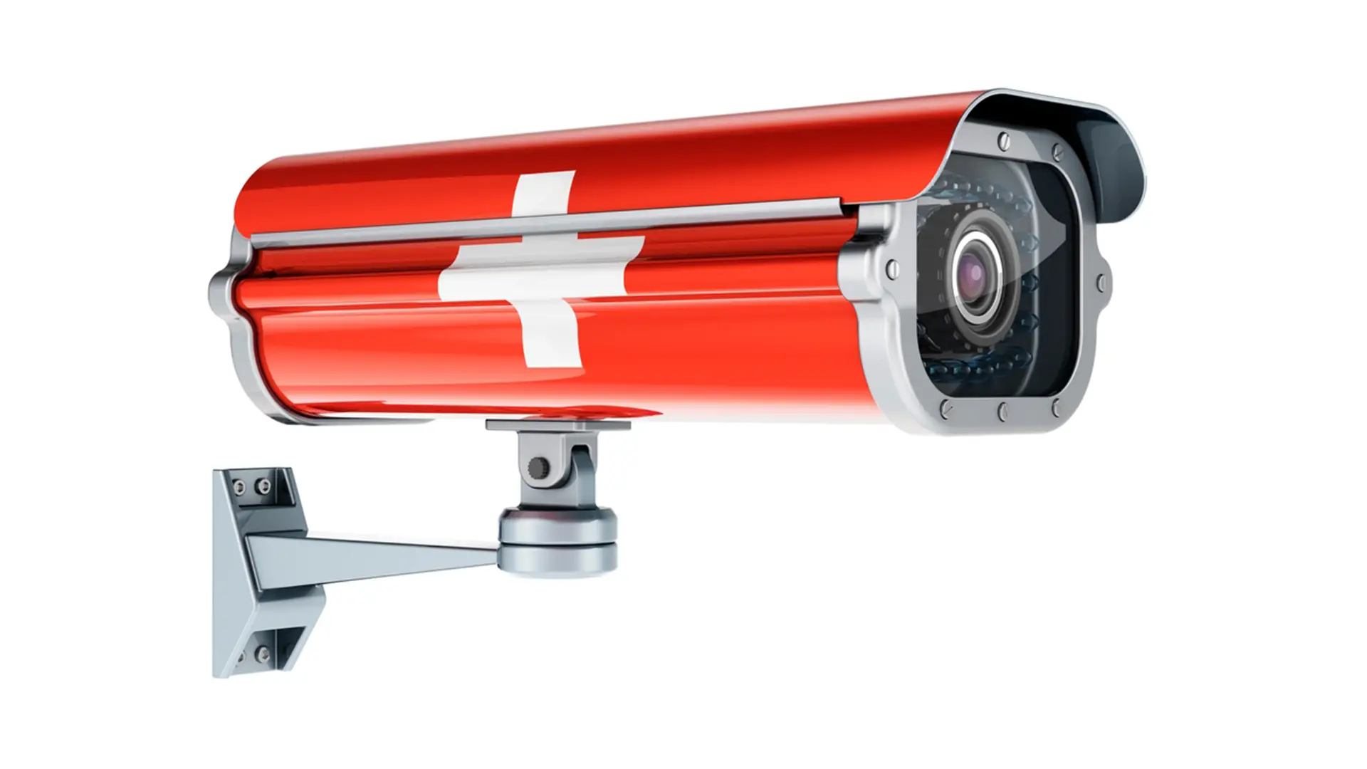 Caméra de surveillance rouge avec croix suisse symbolisant le débat sur la vie privée en Suisse