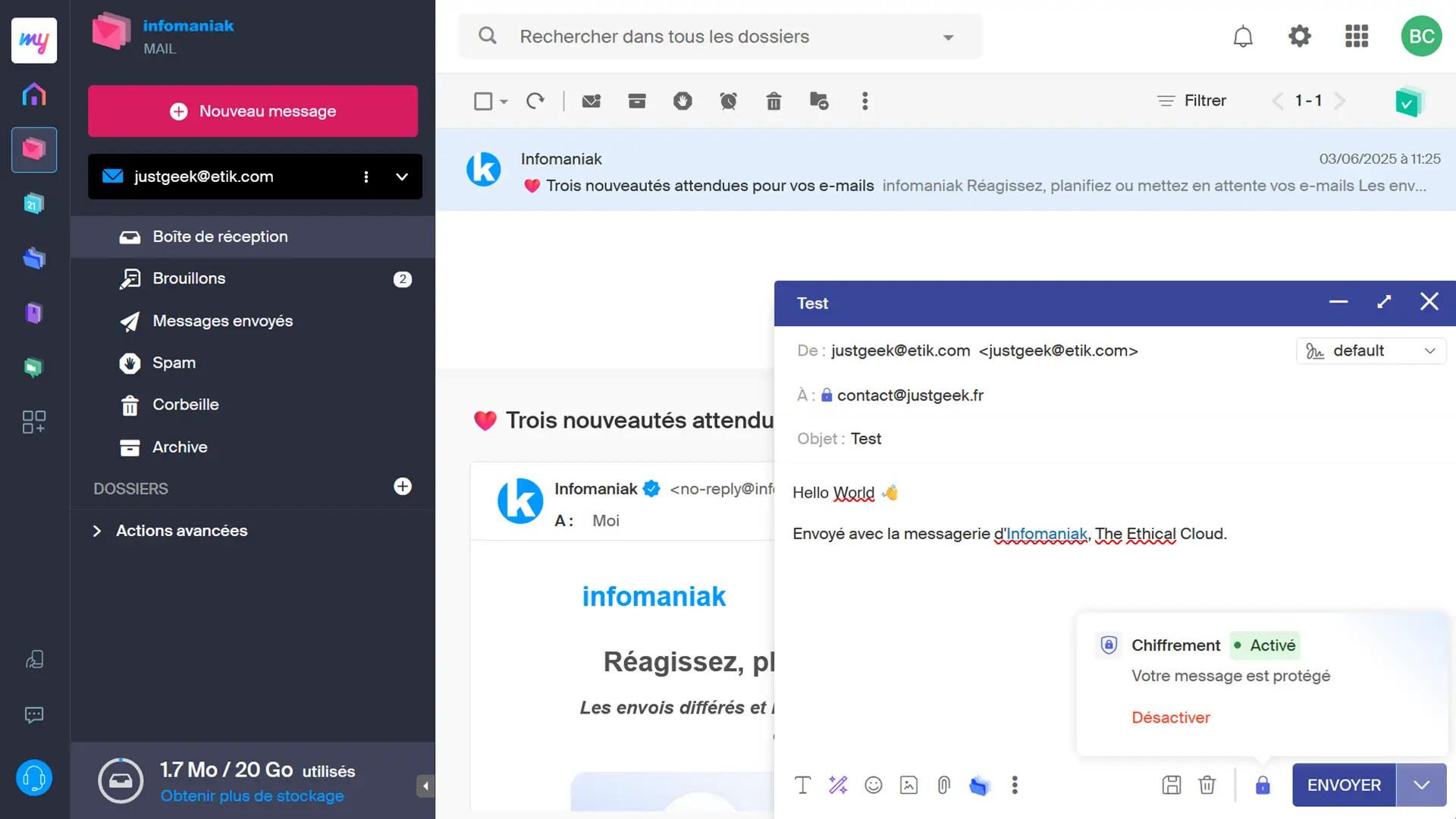 Chiffrement activé sur un message dans l’interface mail d’Infomaniak