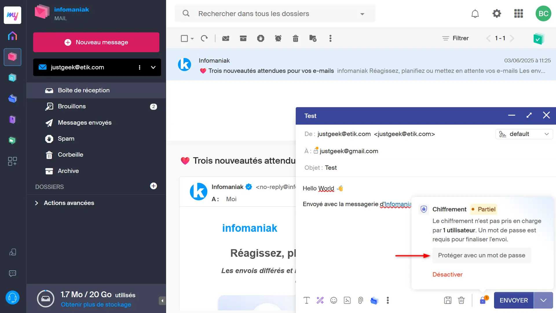 Chiffrement partiel d’un e-mail envoyé à une adresse externe