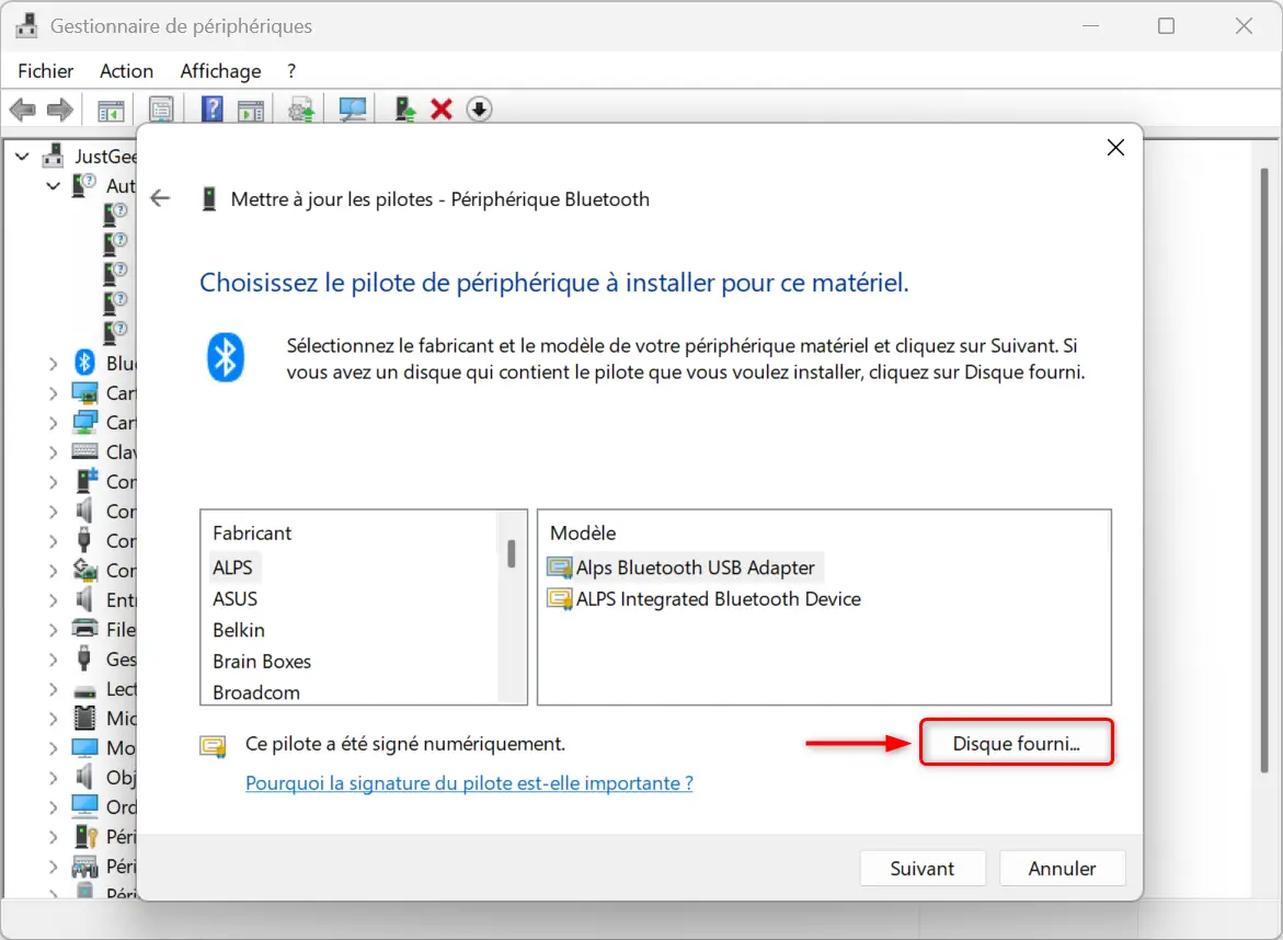 Sélection d’un modèle de périphérique avec l’option Disque fourni