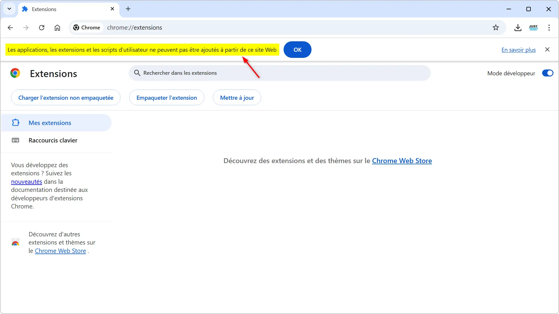 Message d’erreur de Chrome bloquant l’installation d’une extension .crx depuis un site tiers