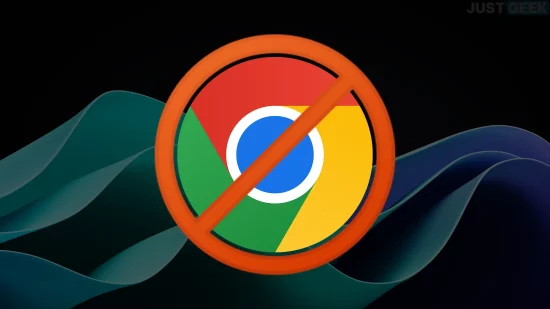 Logo de Google Chrome barré sur fond de Windows, illustrant le blocage du navigateur par Family Safety