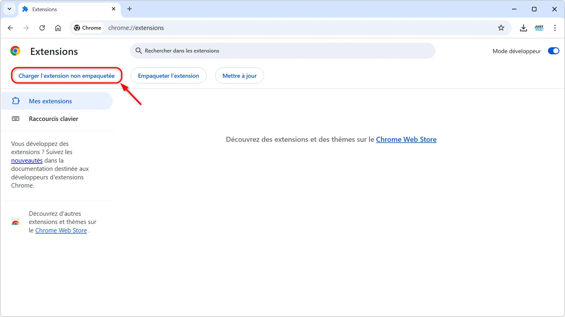 Bouton pour charger une extension non empaquetée dans Chrome