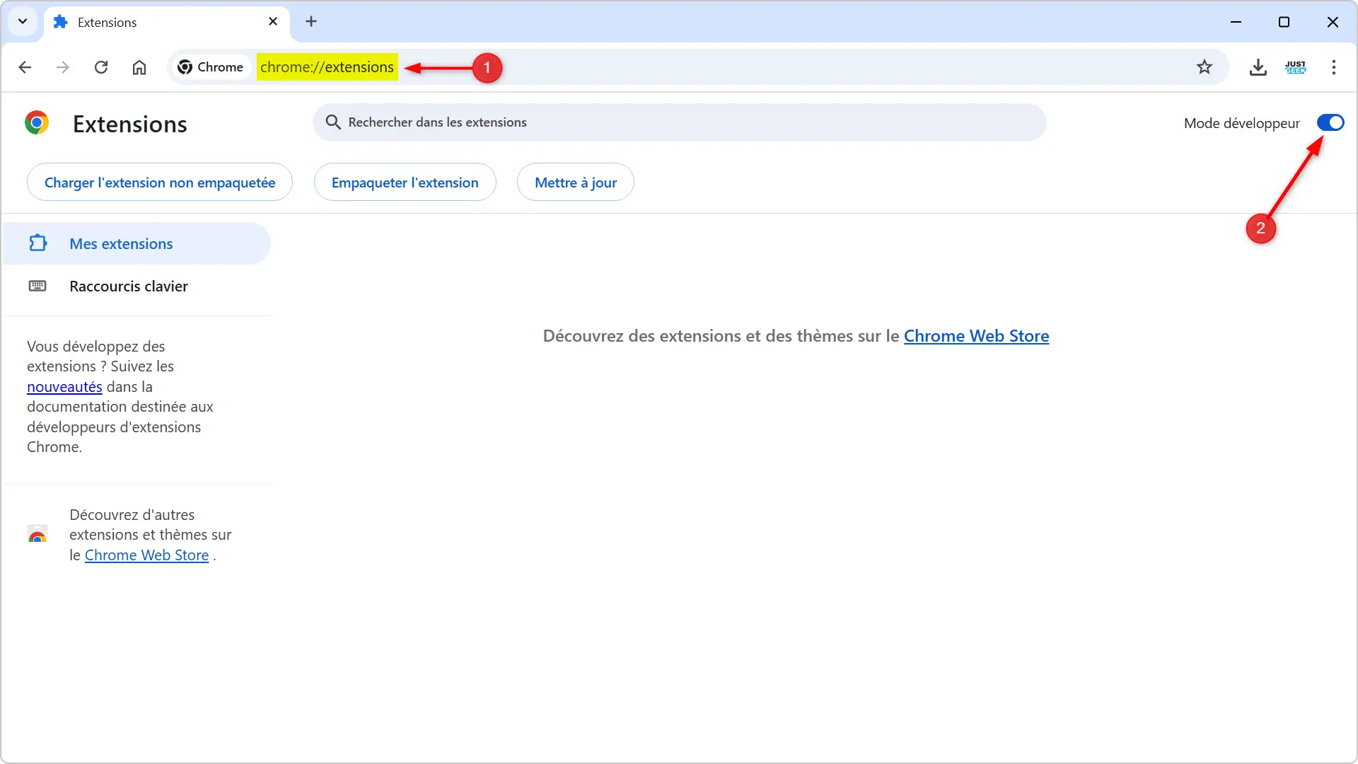 Activation du mode développeur sur la page des extensions Chrome