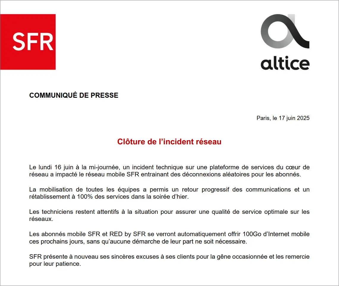 Communiqué de presse officiel de SFR annonçant la fin de la panne réseau du 16 juin 2025 et le geste commercial de 100 Go offerts