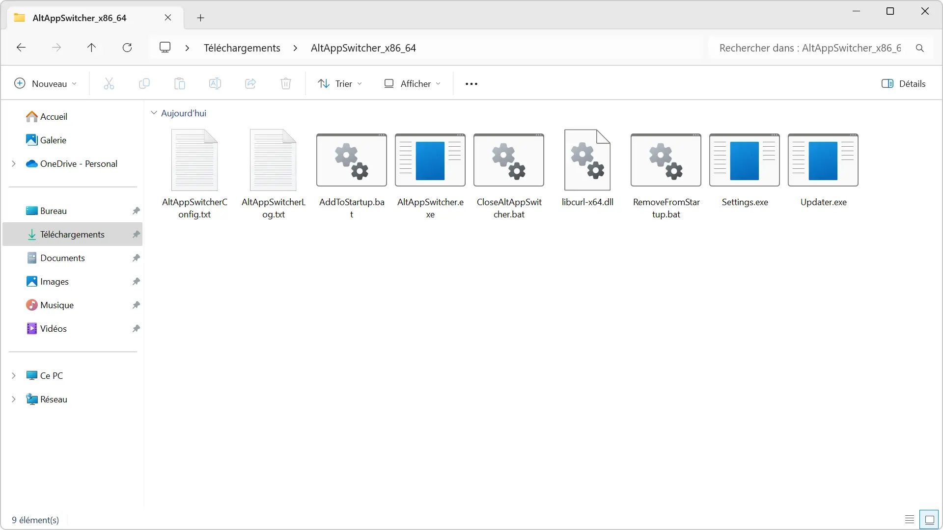 Contenu du dossier AltAppSwitcher après décompression sur Windows