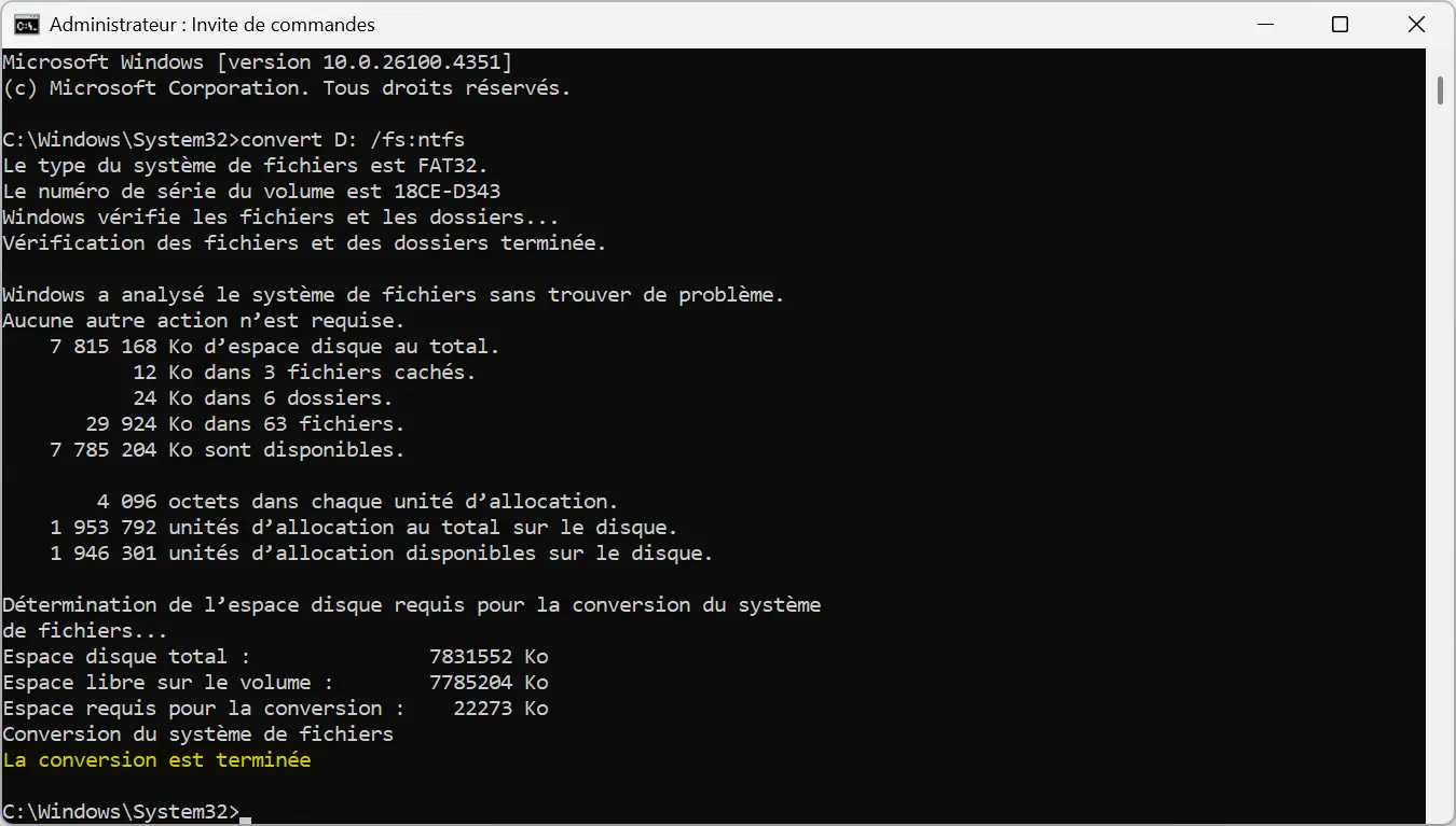 Résultat de la conversion FAT32 vers NTFS via l’invite de commandes