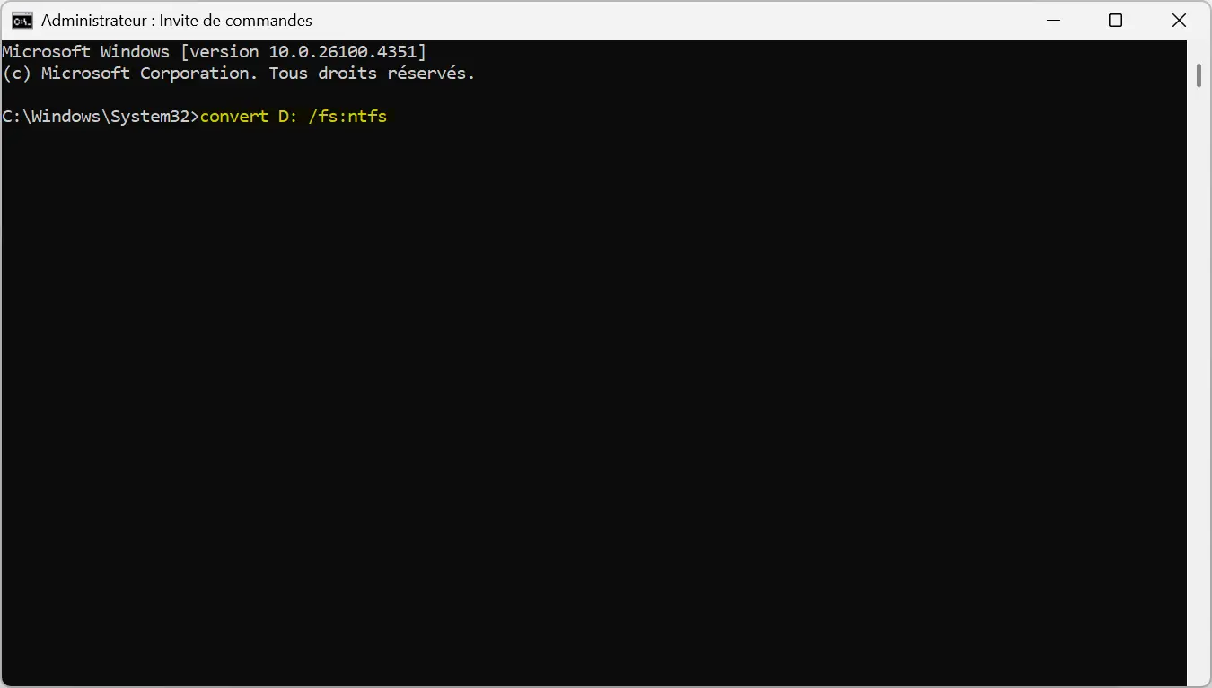 Commande Windows pour convertir un disque FAT32 en NTFS