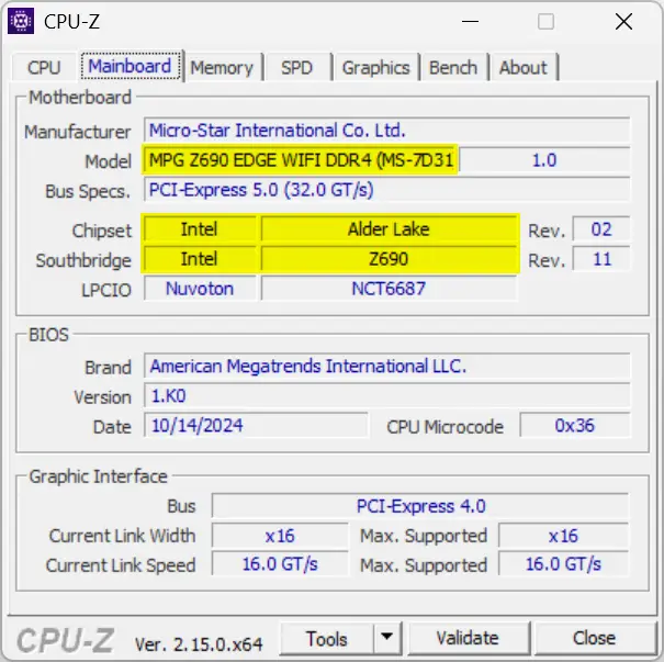 Informations détaillées sur la carte mère et le chipset Intel Z690 avec CPU-Z