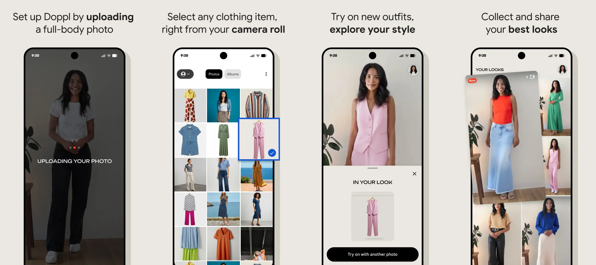 Captures d'écran de l’application Doppl : photo en pied, sélection de vêtements, essayage virtuel et partage de looks